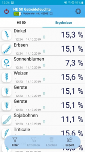 Ergebnisliste App Getreidefeuchtemessung